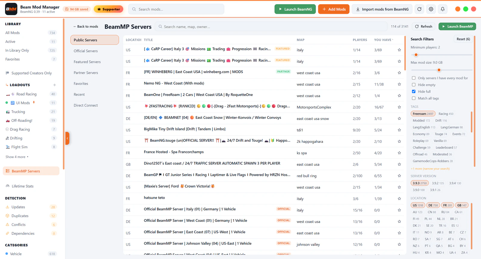 Stránka serverů BeamMP se seznamem veřejných serverů, filtry a počtem modů každého serveru, které už máš